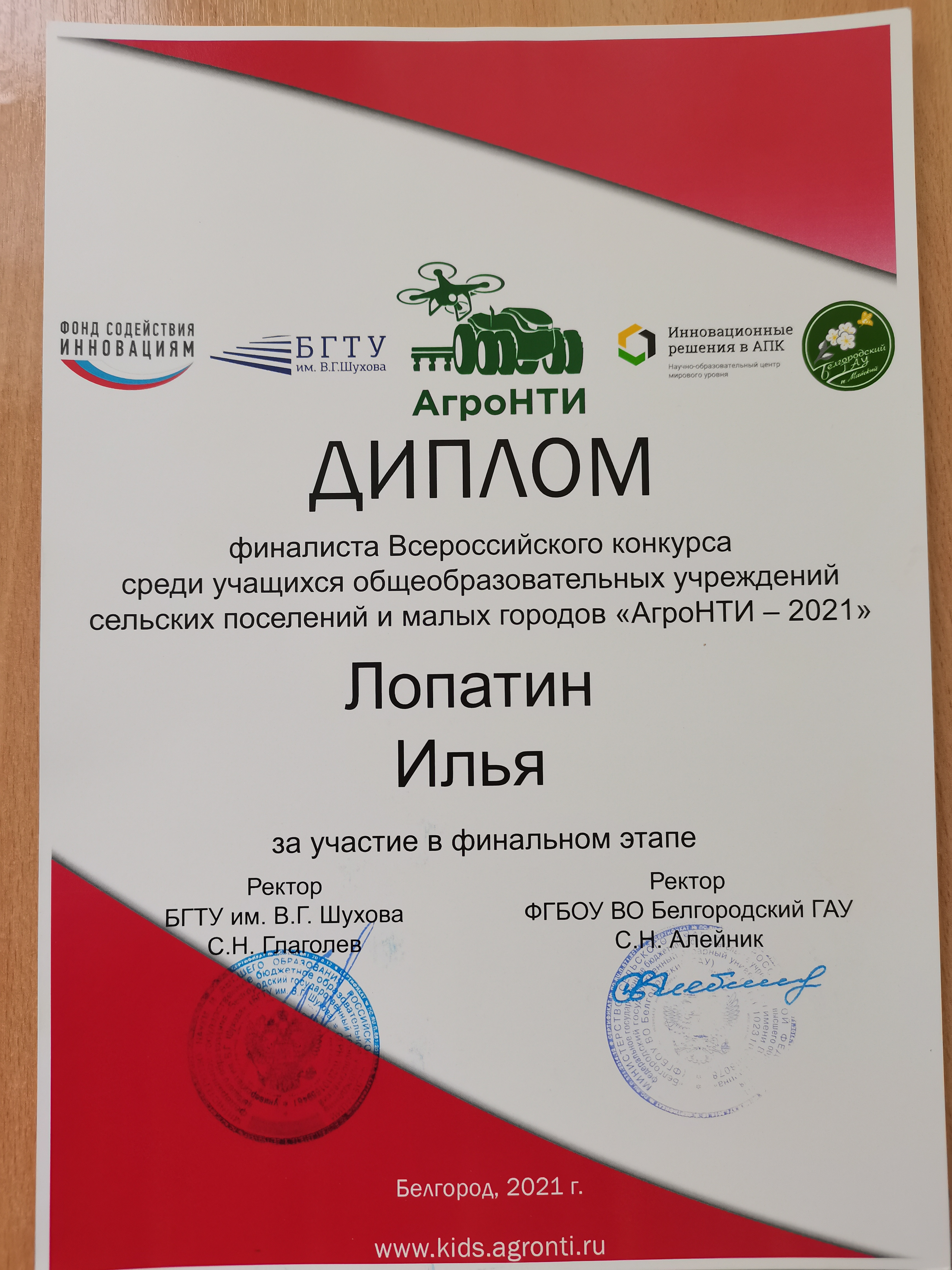Диплом финалиста Всероссийского конкурса среди учащихся общеобразовательных учреждений "Агро-НТИ-2021"